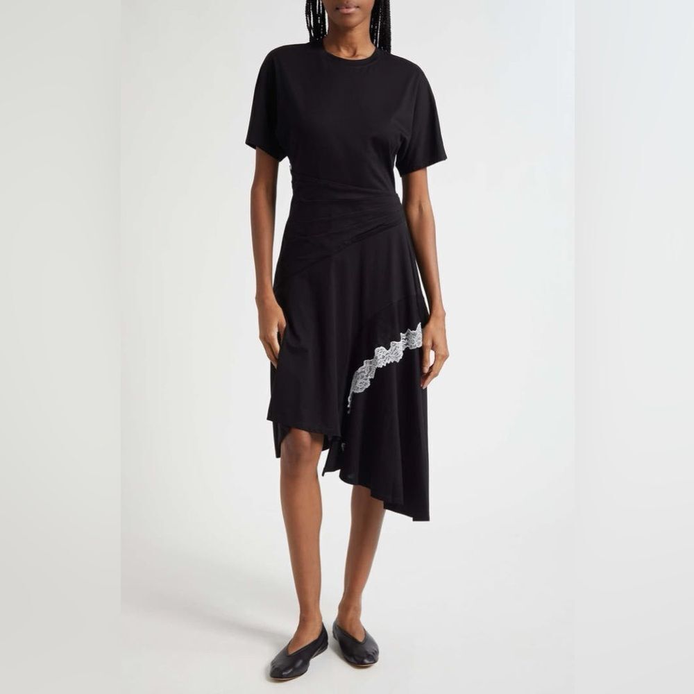 3.1 Phillip Lim Black Asymmetrical Hem Cotton T-Shirt Dress with Lace Detail